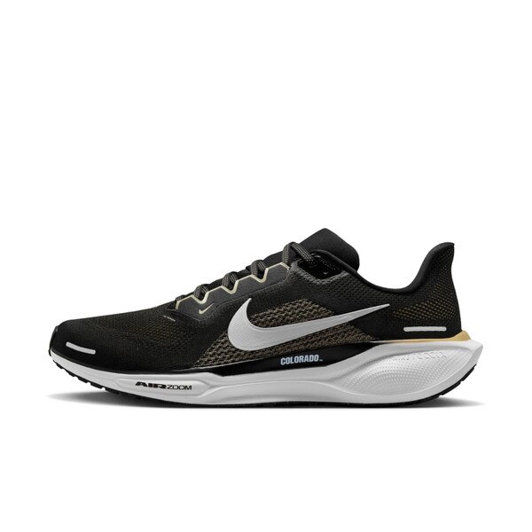 Black Nike Air Zoom running shoe with white Swoosh, gold accents, and “Colorado” text on midsole